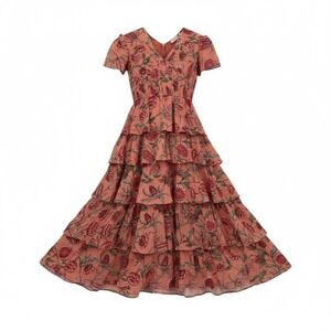 Banjanan Brigit Tiered Midi Dress Women Size M Orange Floral Boho Cottagecore